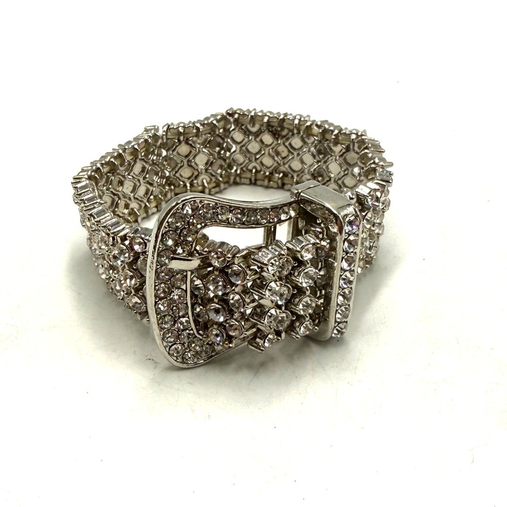 Vintage Rhinestone Buckle Stretch Bracelet Silver Tone Crystal Statement Jewelry